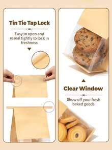 50pcs Cookie Bags With Window And Tin Clasp Closure, Suitable For Muffins, Snacks, Brownies, Candies, Oatmeal - Brown - View 3