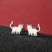 1 Pair Cute Cartoon Cat Stud Earrings, Made Of Stainless Steel. Simple Pet Cat Ear-Piercing Jewelry For Women, Suitable For Daily Wear. - GED754 - View 3