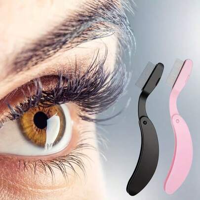 2pcs Foldable Eyelash Comb Set, Stainless Steel In Black & Pink, Portable Eyelash Mascara Applicator Tool, Separates Lashes Without Clumping, Suitable For Daily Use & Travel