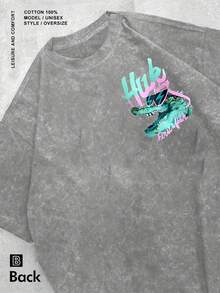 Unisex Huk Fishing Crocodile Graphic Oversized T-Shirt, 100% Washed Cotton Retro Streetwear, Summer Outdoor Casual Top Double Sided Print Ideal Gift For Fishing Enthusiasts - 灰色 - 查看 2