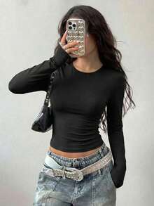 Long-Sleeve, Round-Neck, Slim-Fit White T-Shirt, Everyday Casual And Versatile Top, Basic Autumn And Winter Inner Layer. Spring Black - Black - View 4