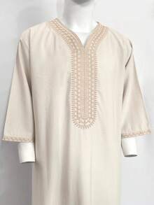 Men's Embroidered Robe, Moroccan Thobe, Solid Color Thawb, Men's Linen Pullover Gandoura, Traditional Arabic Men's Gandoura Thobe With Pockets - Apricot - View 4