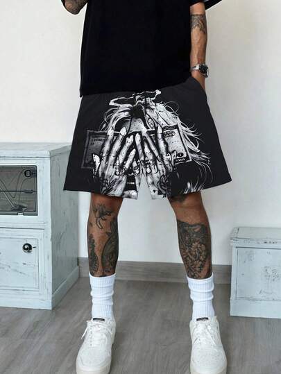 Men's Fashionable Casual American Style Lightweight Shorts With Front & Back Dollar Bill Graphic, Versatile For Summer