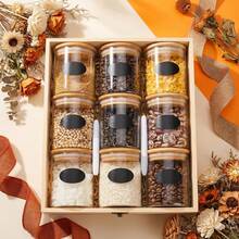 9-Piece Set Of 17 Oz Small Square Storage Cans With Stickers And Markers. Glass Containers Are Suitable For Spices, Coffee, Seasonings, Kitchen And Home Use. Perfect Gifts For Friends And Family, Spice Jars, Cookie Boxes, Kitchen Storage Supplies - 9件套裝 - 查看 2