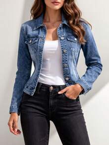Simple Women's Blue Denim Jacket, Denim Jacket, Collar, Straight Cut, Button Closure, 4 Pockets, Slightly Elastic Material, Hip Length, Casual, Spring/Summer - Blue - View 1