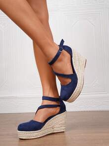 女士仿皮坡跟凉鞋，夏季度假款，方头套脚式，3.15英寸鞋跟，舒适编织镂空鞋，尺码34-43 - 藍色 - 查看 8