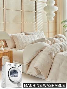 2/3件套波西米亚风菱形格纹簇绒提花被套套装，卡其色复古刺绣床上用品，四季皆宜，柔软透气，可机洗，女士礼物，家居装饰，适用于卧室、客房，大号、特大号（1个被套+1/2个枕套，不含填充物） - 卡其色 - 查看 7