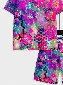 Two-Piece, Colorful And Eye-Catching, Knitted Fabric, Full Of Color, Men's Casual Outing, Summer Casual Outing, Pink And Purple Colorful Floral, Men's Short-Sleeve Beach Pants Set - 彩色 - 查看 6
