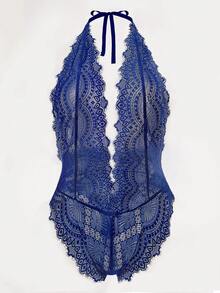 新款深V领蕾丝性感内衣，透视露背连体裤，性感女士贴身衣物，狂欢节派对服装，情人节礼物 - 寶藍色 - 查看 4