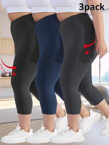 3pcs/Set Plus Size Women High Waist Yoga Pants With Pockets, Soft & Stretchy Casual Comfortable Capri Pants, Slimming & Lifting Effect, Suitable For Daily Fitness & Sports - Multicolor - View 3