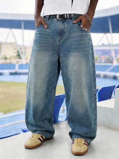 EVRINFINITE Y2K复古风男士蓝色水洗宽松筒状牛仔裤，做旧宽松版型，适合送给老公、男友，街头学院风运动休闲外出穿着