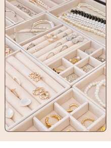 4pcs/Set Jewelry Tray, Stackable Jewelry Display Tray, Velvet Jewelry Tray, Grid Jewelry Tray, Jewelry Box, Jewelry Organizer, Suitable For Earrings, Necklaces, Bracelets, Rings, Multi-Size - Beige - View 2