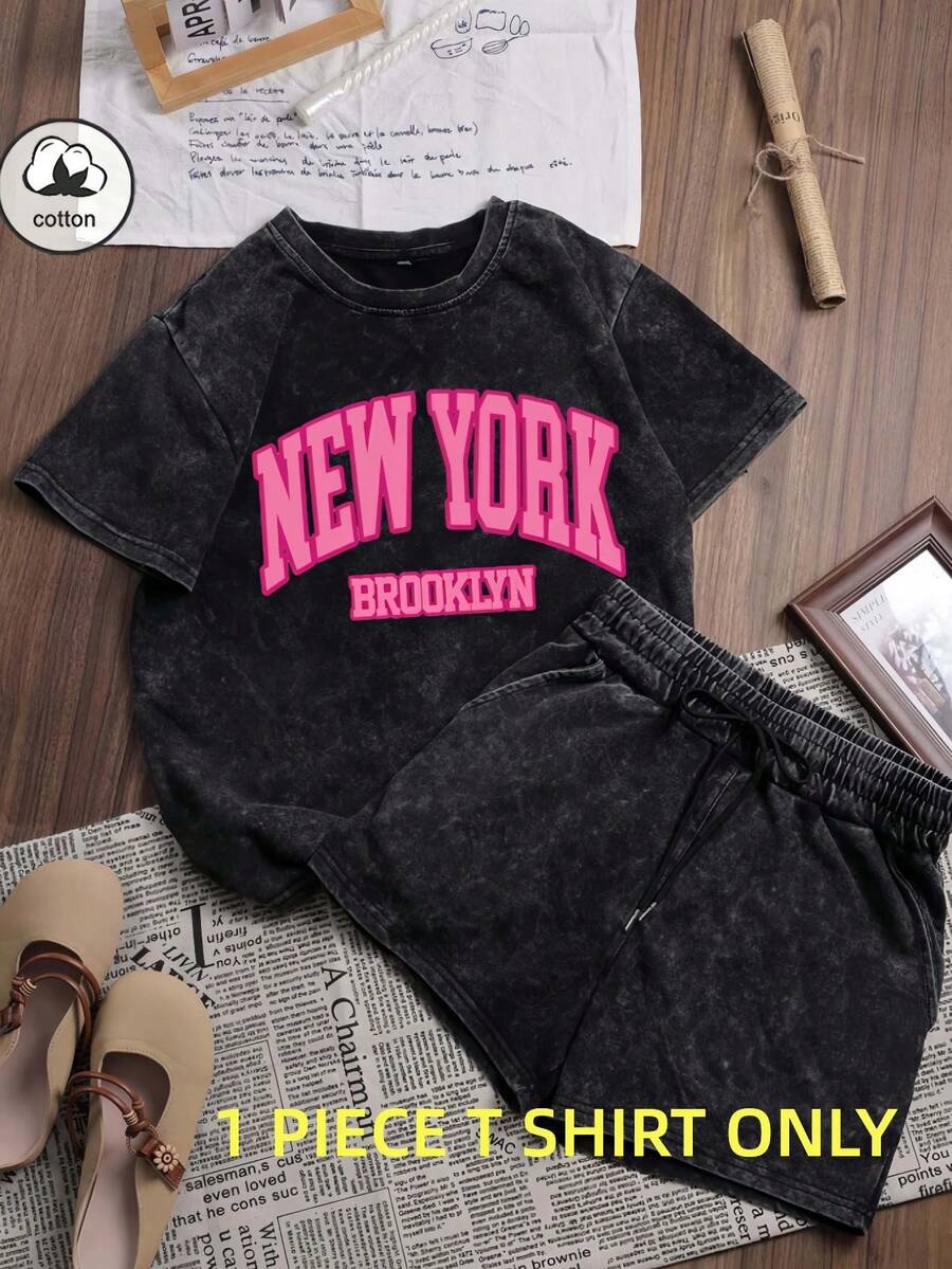 1PIECE T SHIRT ONLY Trus Cotton, Summer Women's Fun Printed Hip-Hop "New York" Personalized Letter Pattern Printed Street , Korean Version Comfortable Retro Fashion Commuting Versatile Y2k Clothing Women's Clothing, Suitable For Outdoor Leisure Short Sleeve,Graphic Tee For Women/Man - màu đen - Xem 1