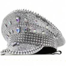 Punk-Style, Glittery Sequined Rhinestone Captain's Hat, Colorful Rave Disco Party Hat, Studded Cap, Costume Accessory For Women - 銀色 - 查看 1