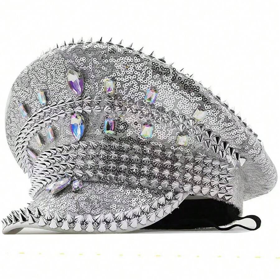 Punk-Style, Glittery Sequined Rhinestone Captain's Hat, Colorful Rave Disco Party Hat, Studded Cap, Costume Accessory For Women - 銀色 - 查看 1