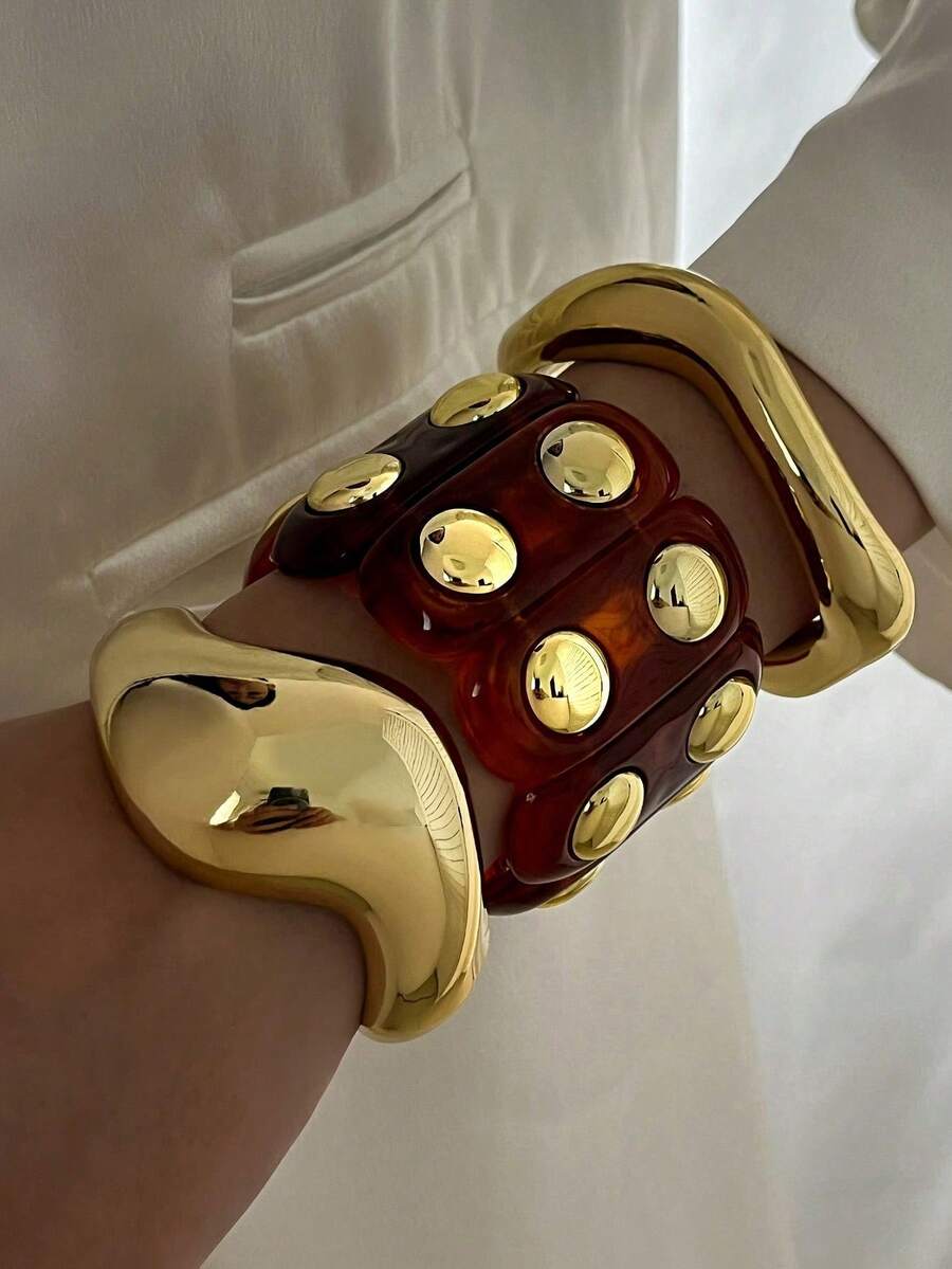 3件套金色铁艺粗手镯套装，超大号轮形手镯，女士臂环，复古风格首饰 - 彩色 - 查看 1