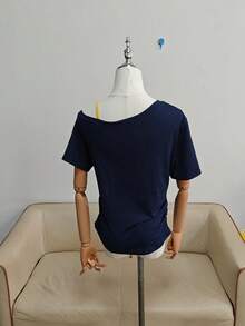 2026 New Heart & Letter Print Asymmetrical Shoulder Short Sleeve T-Shirt For Women, Fitted Flattering Versatile Summer Top Casual - Navy Blue - View 5