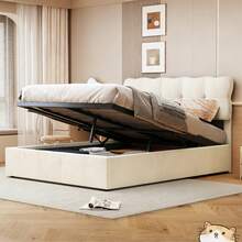 Comanlai 140/160 x 190/200 cm Polsterbett Bettgestell, Doppelbett mit Lattenrost, weiches und kuscheliges Kopfteil für Mädchen, Stauraumbett mit Hydraulik, Jugendbett,Samtbettrahmen, ohne Matratze,Beige - Beige - Übersicht 4