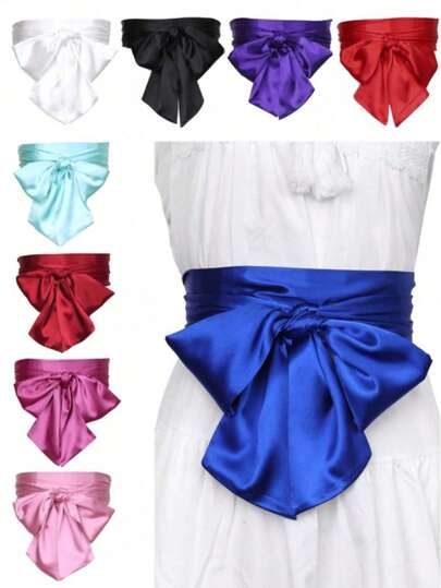 1pc Solid Color Elegant Vintage Chiffon Bow Tie Waist Belt, Bohemian Style