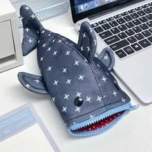 1pc Durable Canvas Shark Pencil Case With Playful Star Patterns - Cute Zipper Stationery Bag For Boys, Girls And Office Use, Stationery Organizer | Shark Shaped Bag | Denim Look, Birthday Gift, Easter Gift, Christmas Gift. - Multicolor - View 10