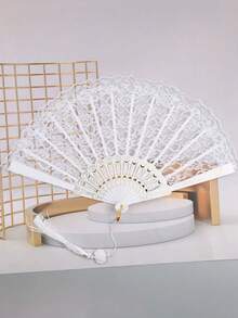 1pc White/Black New Chinese Style Black Lace Folding Fan, Lolita Hanfu Cheongsam Fan, Retro Tassel Ancient Style Hand Fan - Multicolor - View 7