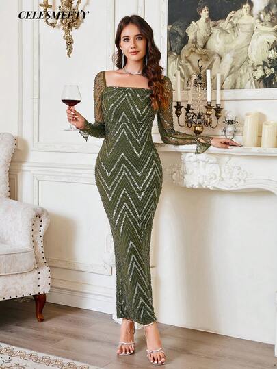 Olive Green Sequin Embroidered Dress, Elastic Mesh Christmas Party Wedding Evening Gown