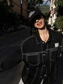 女士宽松落肩牛仔外套，带口袋，春秋季休闲黑色 - 黑色 - 查看 3