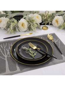 Bộ đồ ăn tái sử dụng viền đen, bao gồm đĩa bánh đường kính 7,5" và 10,25" cùng bát salad trái cây cao cấp, dễ vệ sinh, phù hợp cho đám cưới, sinh nhật, họp mặt gia đình, hoạt động ngoài trời, sự kiện trường học, dã ngoại, tiệc nướng BBQ, nhà hàng và các bữa tiệc tại gia. - màu đen - Xem 6