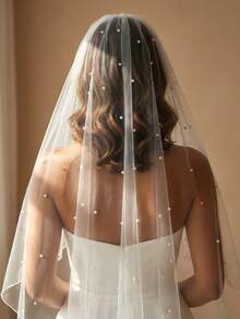 1件优雅珍珠串珠新娘头纱，带梳子，结婚配饰，求婚头纱，新娘伴娘头纱 - 彩色 - 查看 4