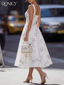 DONICY Vestido midi con volantes y estampado floral blanco para mujer, vestido sin mangas de cuello cuadrado, vestido romántico y dulce para vacaciones de verano - Blanco - Ver 2