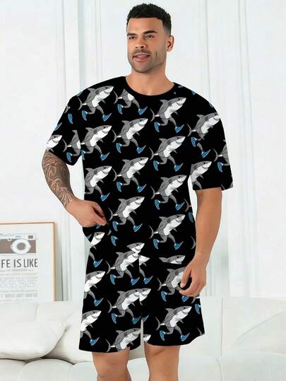 Plus Size Men's Pajama Set | Round Neck Short Sleeve Top And Elastic Waist Casual Shorts 2-Piece Set | Polyester Knit Fabric Soft And Breathable Loose Fit | Interesting Shark Print Casual Design