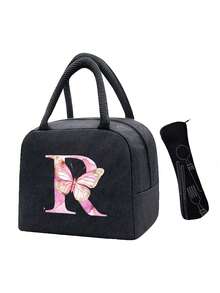 Pink Butterfly & Letter Pattern Insulated Lunch Bag, Thermal Lunch Box, Suitable For Students, Office, Camping, Picnic, School, University, Lightweight Portable Canvas Lunch Storage Bag - Multicolor - View 21