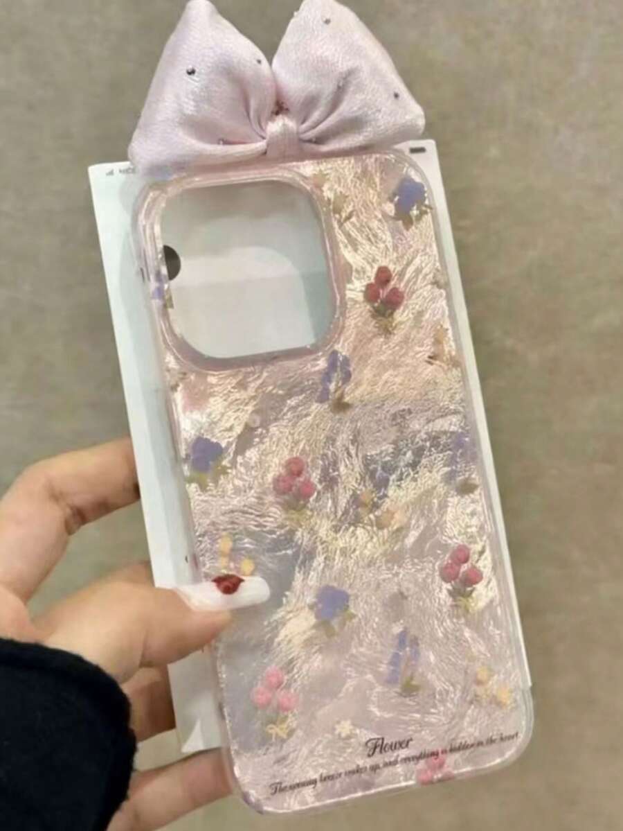 奢华粉色花卉冰川图案独特蝴蝶结设计手机壳，兼容 17 Pro Max/17 Pro/17 Air/17/16 Pro Max/15/14 Pro/13/12/11/Max，全包覆式女士手机保护套 - 彩色 - 查看 1