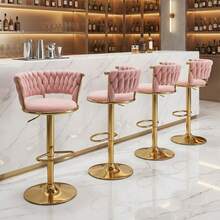 Velvet Bar Stools Set Of 2, 360° Swivel Barstools Height Adjustable Counter Height Bar Chairs, Woven Back Upholstered Accent Chairs With Gold Footrest, Modern Dining Chairs For Kitchen Island Home Bar Dining Room, Pink - Pink - View 6
