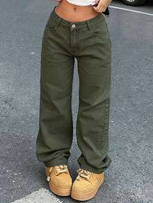 Women's Casual Light Wash Straight Leg Jeans - Army Green - View 3