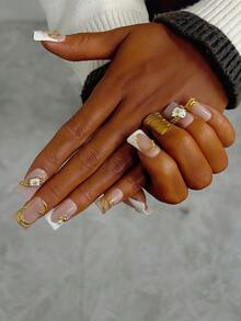 10片装Y2K风鸭嘴美甲贴片套装 - 手工制作，粉色美甲，金色美甲，白色法式美甲，手工3D金色手表美甲，手绘金色图案和3D水滴图案设计，闪亮金色水钻和白色仿珍珠点缀，精致优雅的美甲 - 适合女性和女孩，派对，婚礼手工美甲贴片 - 彩色 - 查看 5