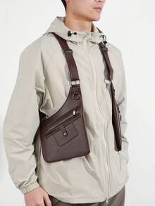 Functional PU Leather Tactical Chest Bag, Men's Multi-Pocket Utility Vest-Style Messenger Bag, Street Hip Hop Motorcycle Riding Phone Pouch, Tool Bag, Unisex Casual Concealed Carry Equipment Mini Bag - A - View 3