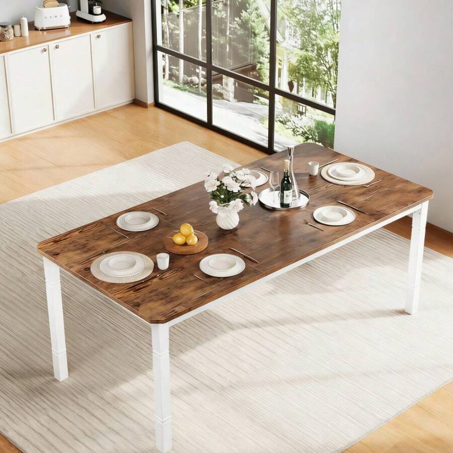 Mesa de comedor de cocina de granja de 78,7 pulgadas, mesa de cocina industrial rústica con marco de metal resistente y esquinas acampanadas para el comedor, la cuchilla del desayuno, pequeño espacio - Colores blanco y vintage - Ver 1