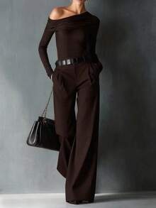 1pc Women's Casual Straight Solid Color Pants, Comes With 1 Belt Spring - Coffee Brown - View 5