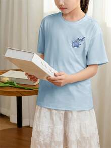 少女学生休闲印花圆领短袖T恤，夏季上衣 - 淺藍色 - 查看 3