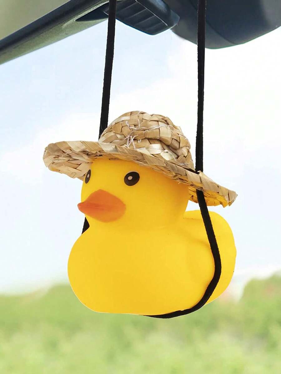 1 Set Cute Cartoon Duck Straw Hat Car Hanging Decor, Home Decoration, Living Room Ornament, Birthday Gift, Handcraft, Car Accessories - A - View 1