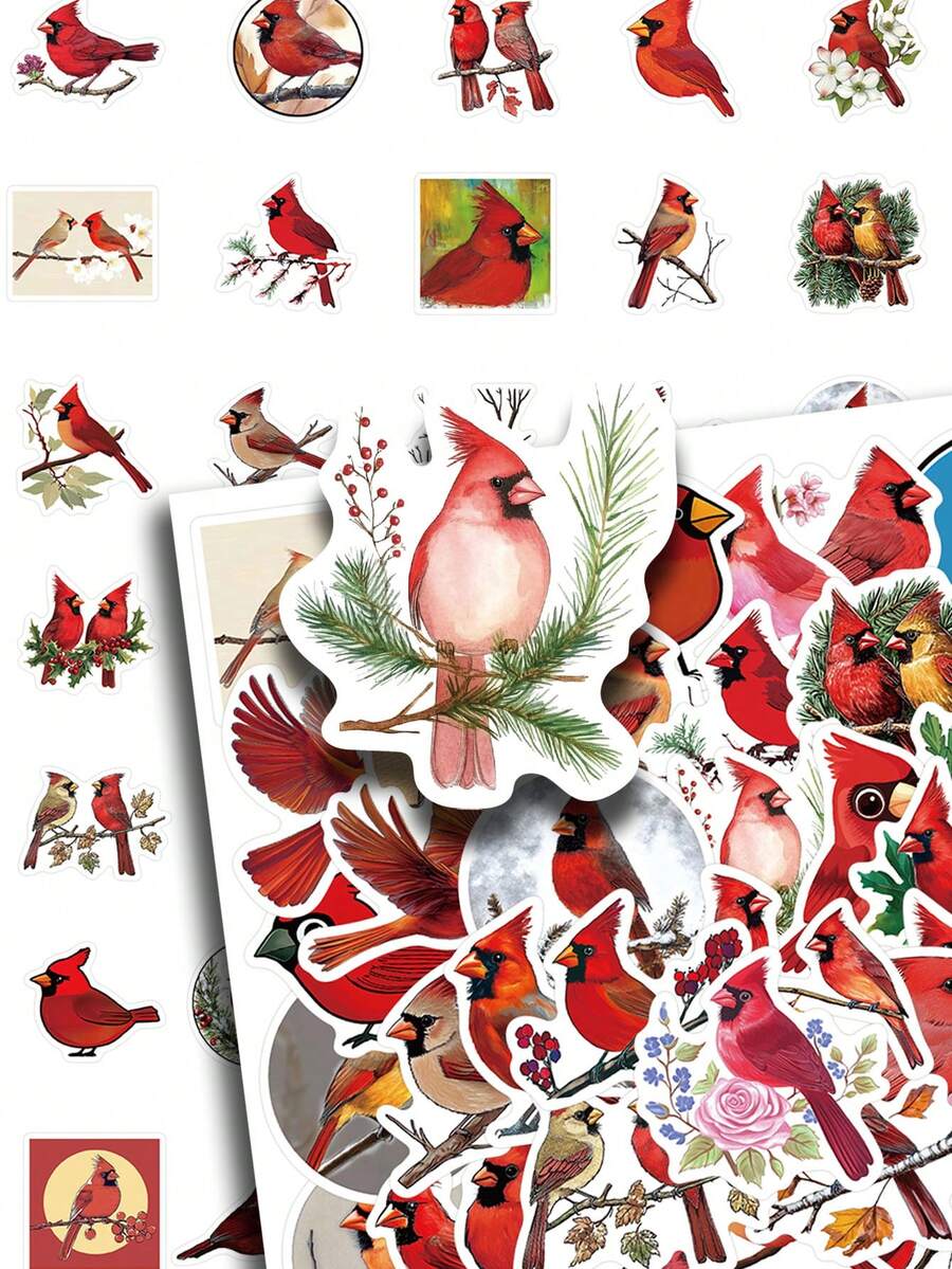 56pcs Cardinal Stickers Rustic Aesthetic For Journal, Phone Case, Tablet, Water Bottle, Helmet, Bike, Luggage, Waterproof Decals - Multicolor - View 1