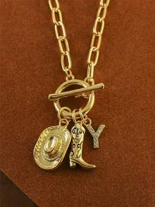 1pc Retro Classic Letter Western Cowboy Hat Pendant, With Gold Stainless Steel Paperclip Chain, Women Necklace - Yellow Gold - View 17