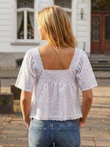 Camiseta babydoll de manga corta con cuello cuadrado y botones, con ribete de encaje, para mujer, ideal para el verano. - Azul y blanco - Ver 6