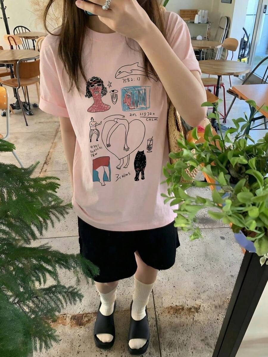 女款 Y2K 美学粉色图案涂鸦插画印花短袖T恤宽松可爱原宿风街头风休闲夏季上衣 - 粉色 - 查看 1