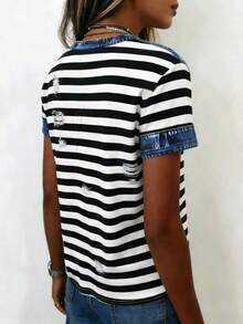 Women's Fashion Loose Casual Contrast Striped Denim Style Short Sleeve Shirt Summer - Multicolor - View 3