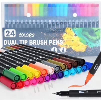 二合一可水洗双头毛笔，软头马克笔，黑色笔杆，PVC盒装，水彩笔套装