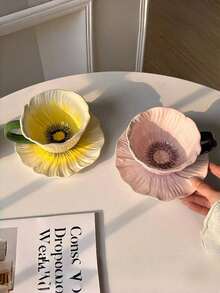 1 Set Ceramic Floral Coffee Cup (Cup + Saucer), Yellow, White, Creative Floral Drinkware, High-End Handpainted Afternoon Tea Cup And Saucer Set, Suitable For Coffee, Tea, Milk, Ramadan Gift - Multicolor - View 2