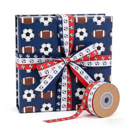 1 Roll 10 Yards Energetic Boy Football Ribbon, Streamer, Graduation Gift Tie, Gift Wrapping Curling Ribbon. A Great Helper For Graduation Season Gifts