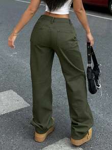 Women's Casual Light Wash Straight Leg Jeans - Army Green - View 4